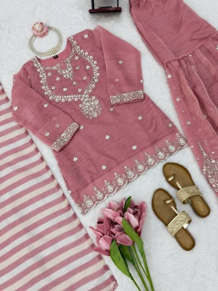 Versatile Pink Salsa Silk Embroidered Top with Matching Sharara and Dupatta at Manufacturer  Ready To Wear Collection
