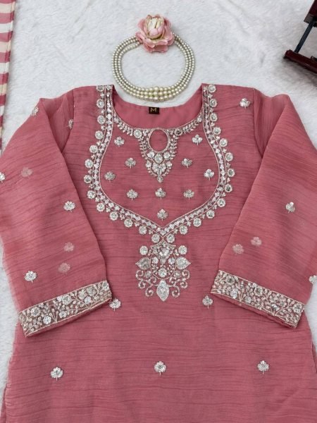 Versatile Pink Salsa Silk Embroidered Top with Matching Sharara and Dupatta at Manufacturer  Ready To Wear Collection