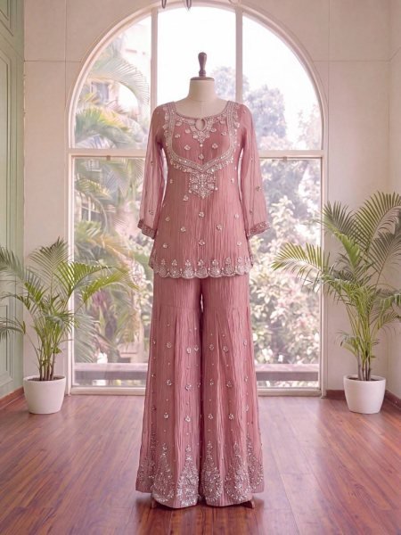 Versatile Pink Salsa Silk Embroidered Top with Matching Sharara and Dupatta at Manufacturer  Ready To Wear Collection