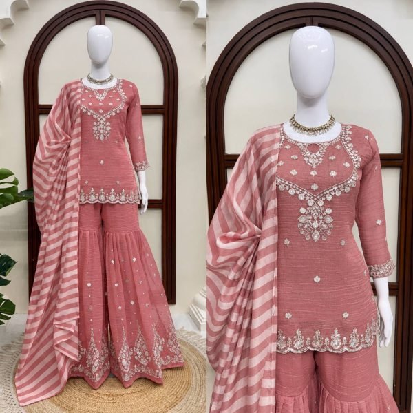 Versatile Pink Salsa Silk Embroidered Top with Matching Sharara and Dupatta at Manufacturer  Ready To Wear Collection