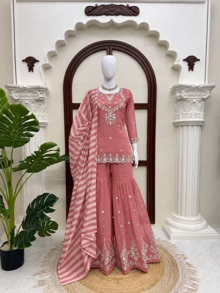 Versatile Pink Salsa Silk Embroidered Top with Matching Sharara and Dupatta at Manufacturer  Ready To Wear Collection