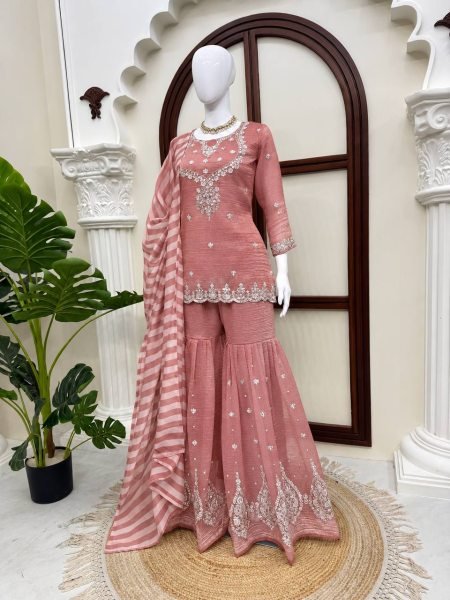 Versatile Pink Salsa Silk Embroidered Top with Matching Sharara and Dupatta at Manufacturer  Ready To Wear Collection