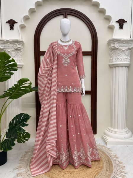 Versatile Pink Salsa Silk Embroidered Top with Matching Sharara and Dupatta at Manufacturer  Ready To Wear Collection