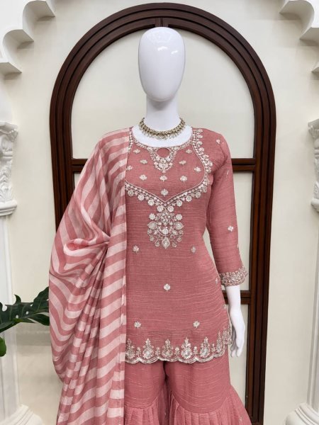Versatile Pink Salsa Silk Embroidered Top with Matching Sharara and Dupatta at Manufacturer  Ready To Wear Collection
