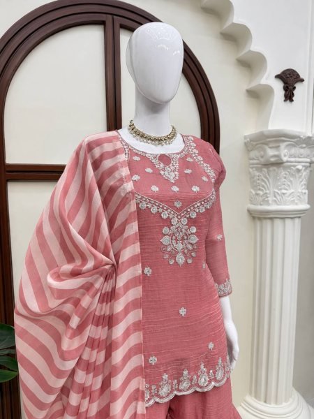 Versatile Pink Salsa Silk Embroidered Top with Matching Sharara and Dupatta at Manufacturer  Ready To Wear Collection