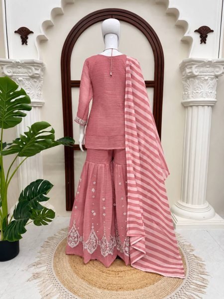 Versatile Pink Salsa Silk Embroidered Top with Matching Sharara and Dupatta at Manufacturer  Ready To Wear Collection