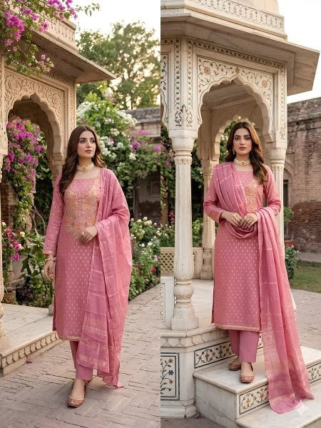 Versatile Pink Simmer Silk Jacquard Booti Suit Set with Chanderi Dupatta at Manufacturer  