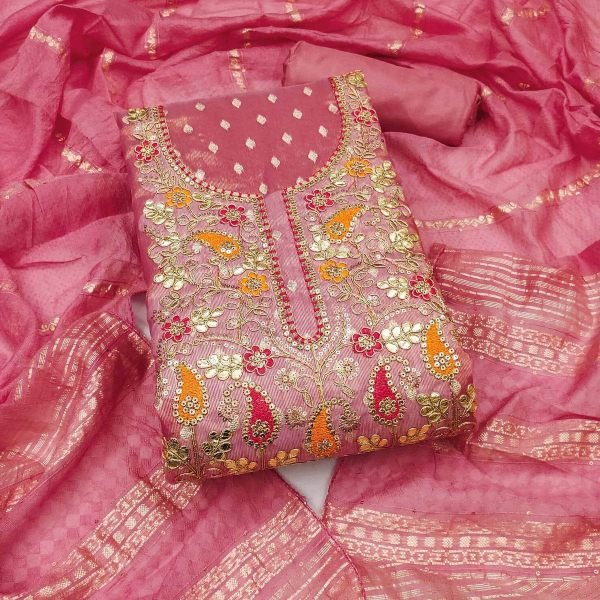 Versatile Pink Simmer Silk Jacquard Booti Suit Set with Chanderi Dupatta at Manufacturer  Color Set Matching Dress Material Wholesale