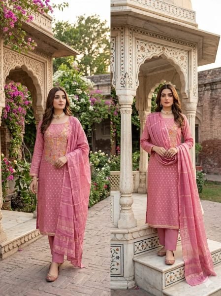 Versatile Pink Simmer Silk Jacquard Booti Suit Set with Chanderi Dupatta at Manufacturer  Color Set Matching Dress Material Wholesale