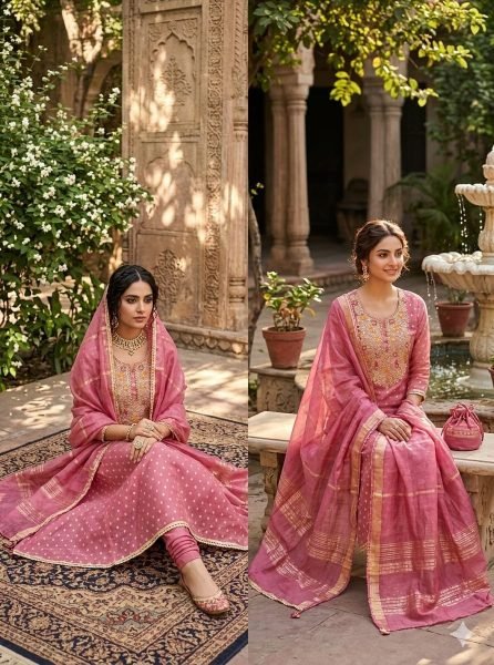 Versatile Pink Simmer Silk Jacquard Booti Suit Set with Chanderi Dupatta at Manufacturer  Color Set Matching Dress Material Wholesale