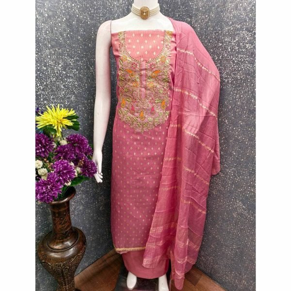 Versatile Pink Simmer Silk Jacquard Booti Suit Set with Chanderi Dupatta at Manufacturer  Color Set Matching Dress Material Wholesale