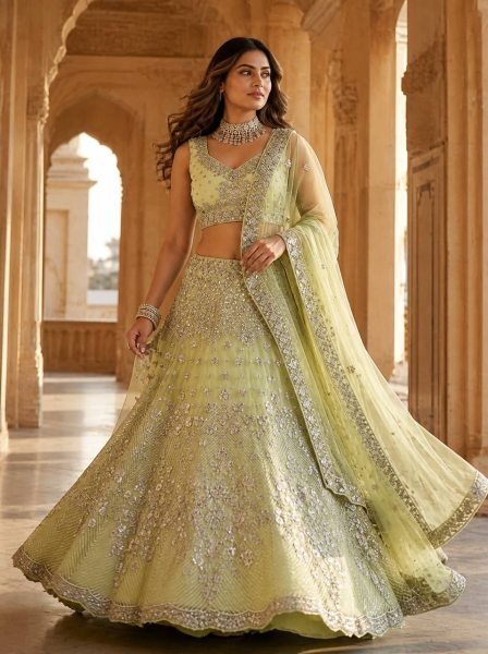 Versatile Pista Designer Lehenga Set with Intricate Mirror and Floral Embroidery Designer Lehenga Choli