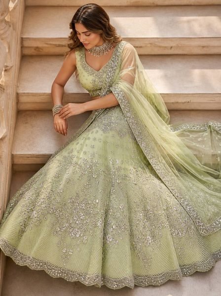 Versatile Pista Designer Lehenga Set with Intricate Mirror and Floral Embroidery Designer Lehenga Choli