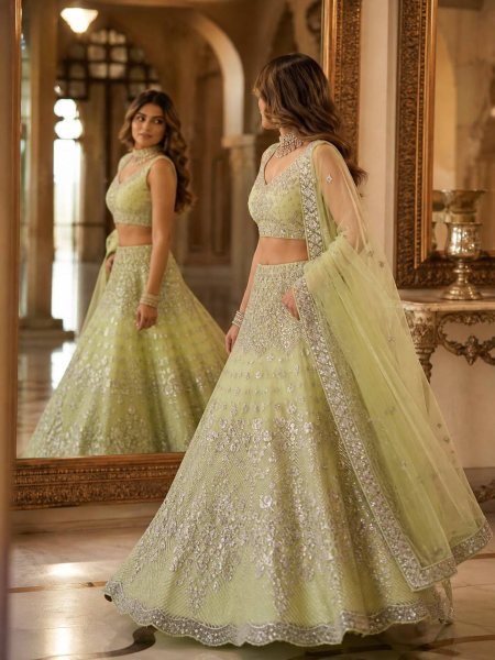 Versatile Pista Designer Lehenga Set with Intricate Mirror and Floral Embroidery Designer Lehenga Choli