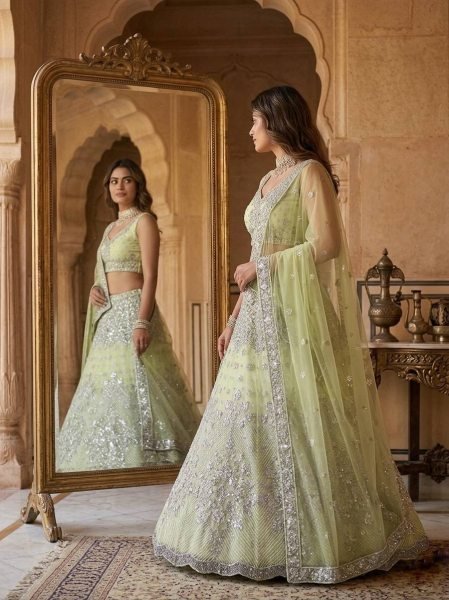 Versatile Pista Designer Lehenga Set with Intricate Mirror and Floral Embroidery Designer Lehenga Choli