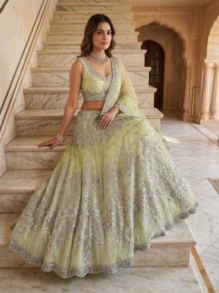 Versatile Pista Designer Lehenga Set with Intricate Mirror and Floral Embroidery Designer Lehenga Choli