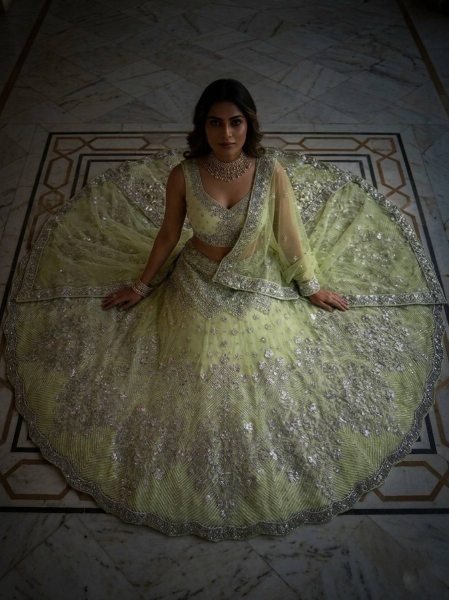 Versatile Pista Designer Lehenga Set with Intricate Mirror and Floral Embroidery Designer Lehenga Choli
