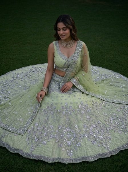 Versatile Pista Designer Lehenga Set with Intricate Mirror and Floral Embroidery Designer Lehenga Choli