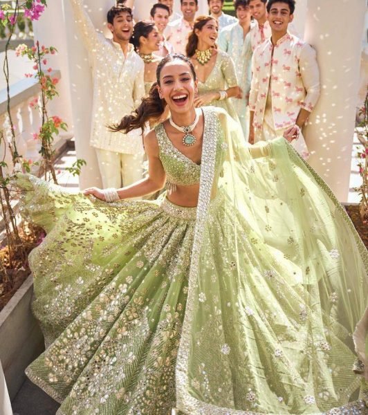 Versatile Pista Designer Lehenga Set with Intricate Mirror and Floral Embroidery Designer Lehenga Choli