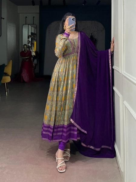 Versatile Purple Designer Ethnic Dress with Foil Work and Floral Print for Festival 