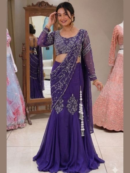 Versatile Purple Fancy Chinon Lehenga Set with Shrug for Party Wear Collection 