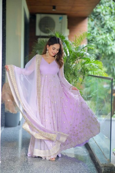 Versatile Purple Faux Blooming Anarkali Suit Set with Heavy Sequins and Zari Embroidery Ready To Wear Collection