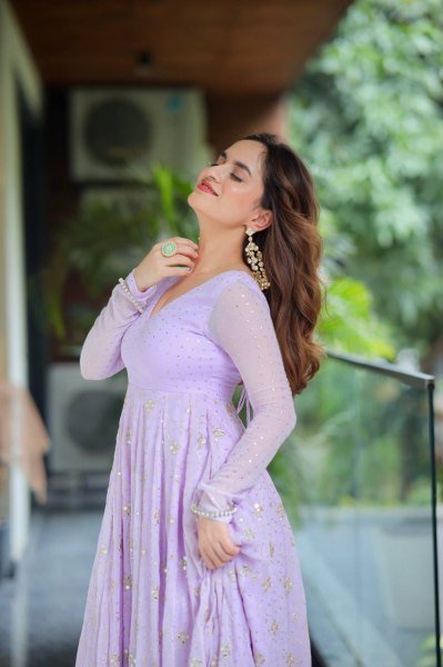 Versatile Purple Faux Blooming Anarkali Suit Set with Heavy Sequins and Zari Embroidery Ready To Wear Collection