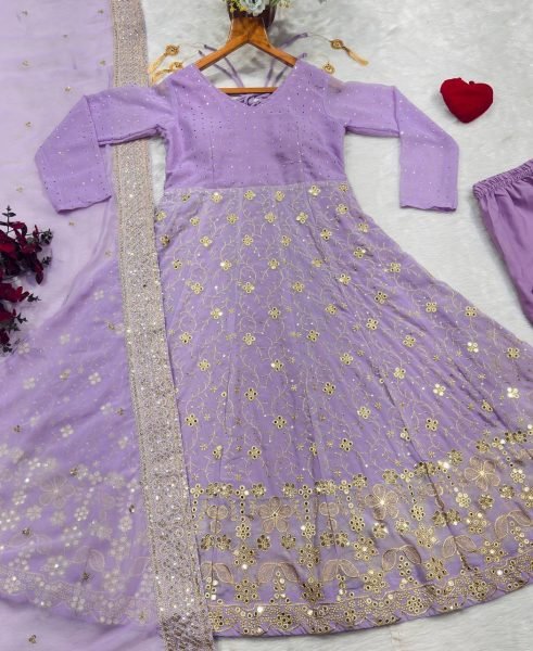 Versatile Purple Faux Blooming Anarkali Suit Set with Heavy Sequins and Zari Embroidery Ready To Wear Collection