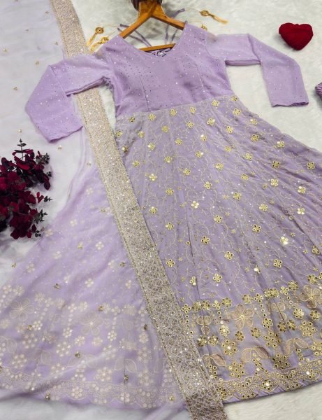 Versatile Purple Faux Blooming Anarkali Suit Set with Heavy Sequins and Zari Embroidery Ready To Wear Collection