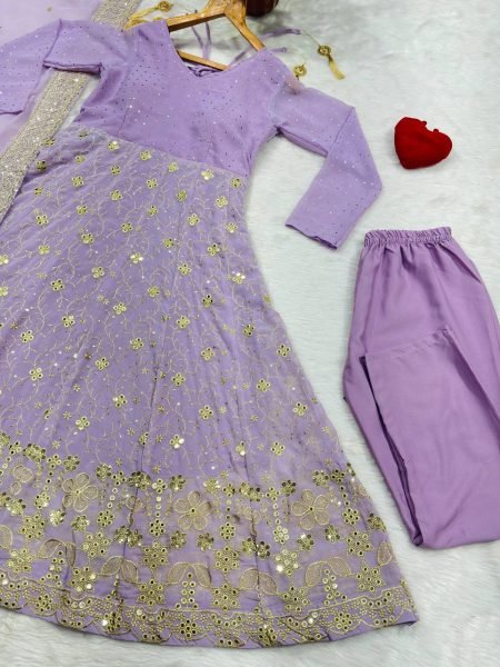 Versatile Purple Faux Blooming Anarkali Suit Set with Heavy Sequins and Zari Embroidery Ready To Wear Collection