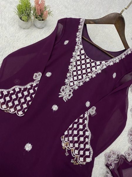 Versatile Purple Georgette Palazzo Suit with Heavy Sequence Embroidery Work Kurta For Party Wear Ready To Wear Collection