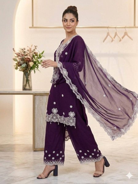 Versatile Purple Georgette Palazzo Suit with Heavy Sequence Embroidery Work Kurta For Party Wear Ready To Wear Collection