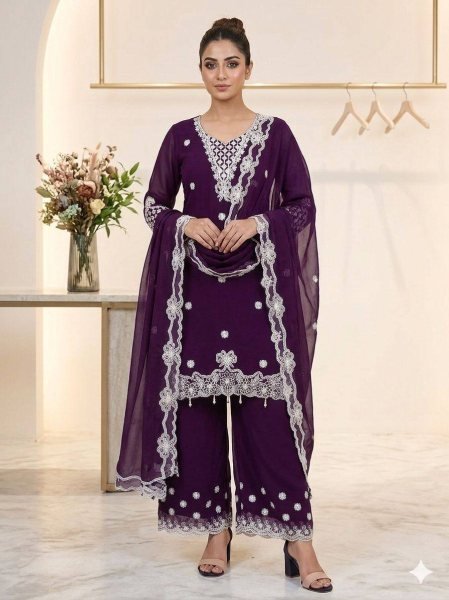 Versatile Purple Georgette Palazzo Suit with Heavy Sequence Embroidery Work Kurta For Party Wear Ready To Wear Collection