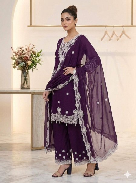 Versatile Purple Georgette Palazzo Suit with Heavy Sequence Embroidery Work Kurta For Party Wear Ready To Wear Collection