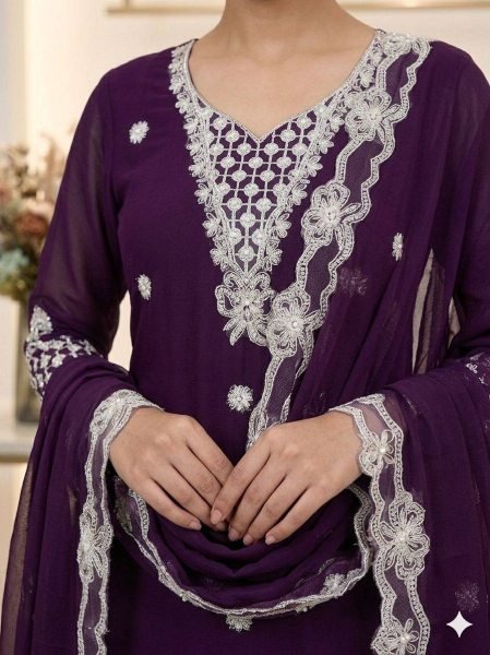Versatile Purple Georgette Palazzo Suit with Heavy Sequence Embroidery Work Kurta For Party Wear Ready To Wear Collection