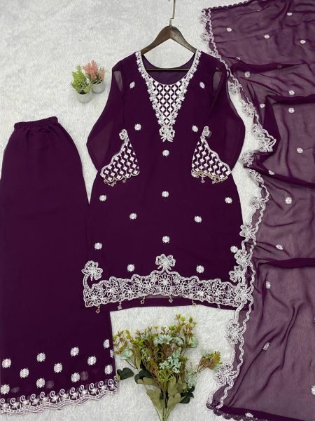 Versatile Purple Georgette Palazzo Suit with Heavy Sequence Embroidery Work Kurta For Party Wear Ready To Wear Collection