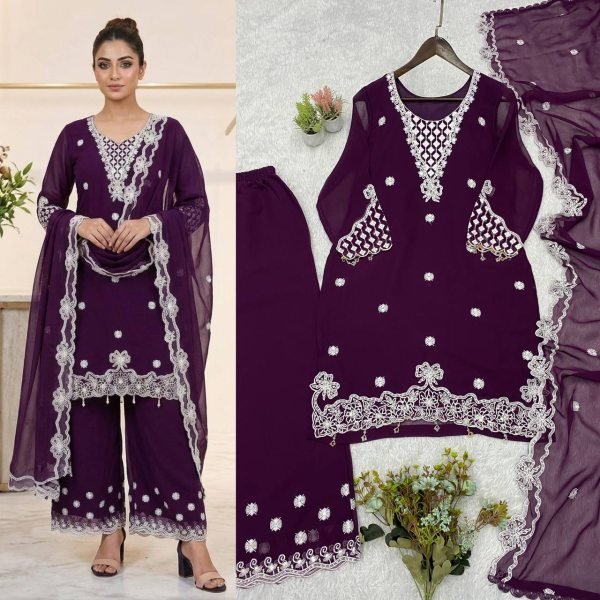 Versatile Purple Georgette Palazzo Suit with Heavy Sequence Embroidery Work Kurta For Party Wear Ready To Wear Collection
