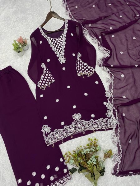 Versatile Purple Georgette Palazzo Suit with Heavy Sequence Embroidery Work Kurta For Party Wear Ready To Wear Collection