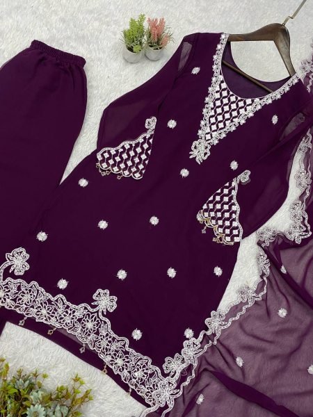 Versatile Purple Georgette Palazzo Suit with Heavy Sequence Embroidery Work Kurta For Party Wear Ready To Wear Collection