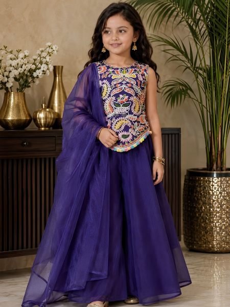 Versatile Purple Girls Twill Net Sharara Kurta Set with Net Dupatta at Wholesale Rate 