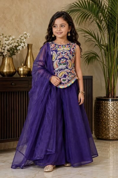 Versatile Purple Girls Twill Net Sharara Kurta Set with Net Dupatta at Wholesale Rate Girls Wear