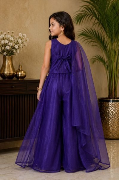 Versatile Purple Girls Twill Net Sharara Kurta Set with Net Dupatta at Wholesale Rate Girls Wear