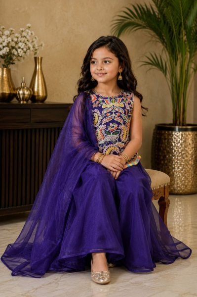 Versatile Purple Girls Twill Net Sharara Kurta Set with Net Dupatta at Wholesale Rate Girls Wear