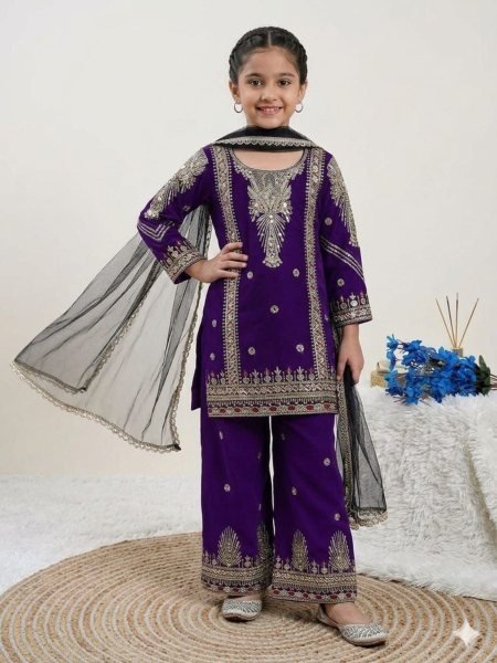 Versatile Purple Kids Sharara Set with Embroidered Kurti and Plazo Pants Kurtis