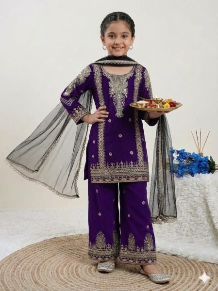 Versatile Purple Kids Sharara Set with Embroidered Kurti and Plazo Pants Girls Wear