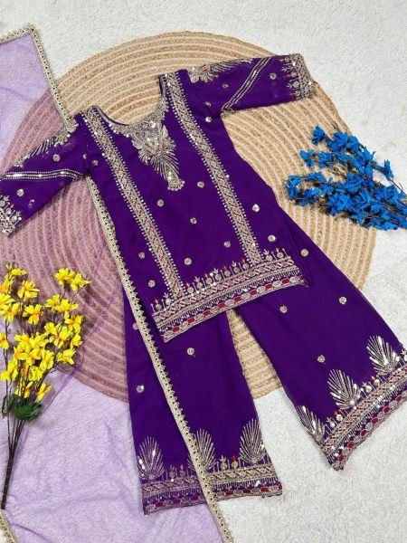 Versatile Purple Kids Sharara Set with Embroidered Kurti and Plazo Pants Girls Wear