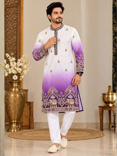 Versatile Purple Malai Satin Men   s Kurta Pajama Set with Embroidery Work Kurta Pajama Wholesale