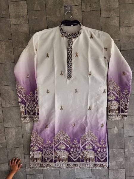 Versatile Purple Malai Satin Men   s Kurta Pajama Set with Embroidery Work Kurta Pajama Wholesale