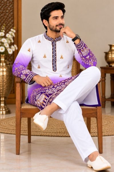 Versatile Purple Malai Satin Men   s Kurta Pajama Set with Embroidery Work Kurta Pajama Wholesale