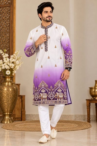 Versatile Purple Malai Satin Men   s Kurta Pajama Set with Embroidery Work Kurta Pajama Wholesale